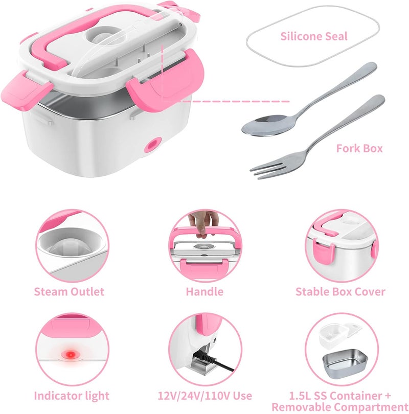 CHARMDOO Electric Lunch Box, Food Warmer Heater 12V 24V 110V, 80W Faster Heated Lunch Box for Car/Truck/Home Portable Heating Boxes with 1.5L 304 SS Container Fork & Spoon, White+Pink - Image 4